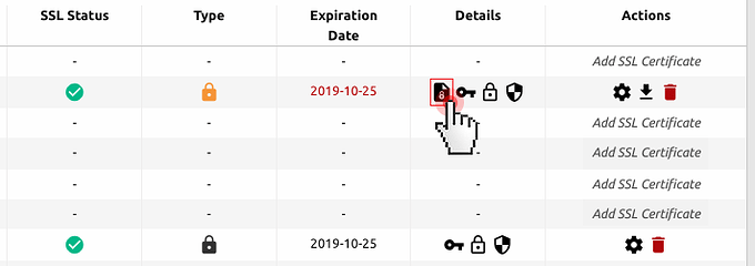 SSL certificates section - domains with active SSL