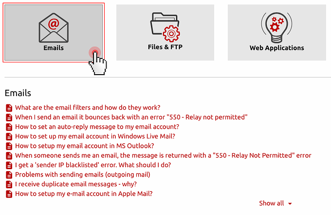 Hepsia Control Panel redesign - select help category