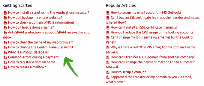 Hepsia Control Panel redesign - list of help articles